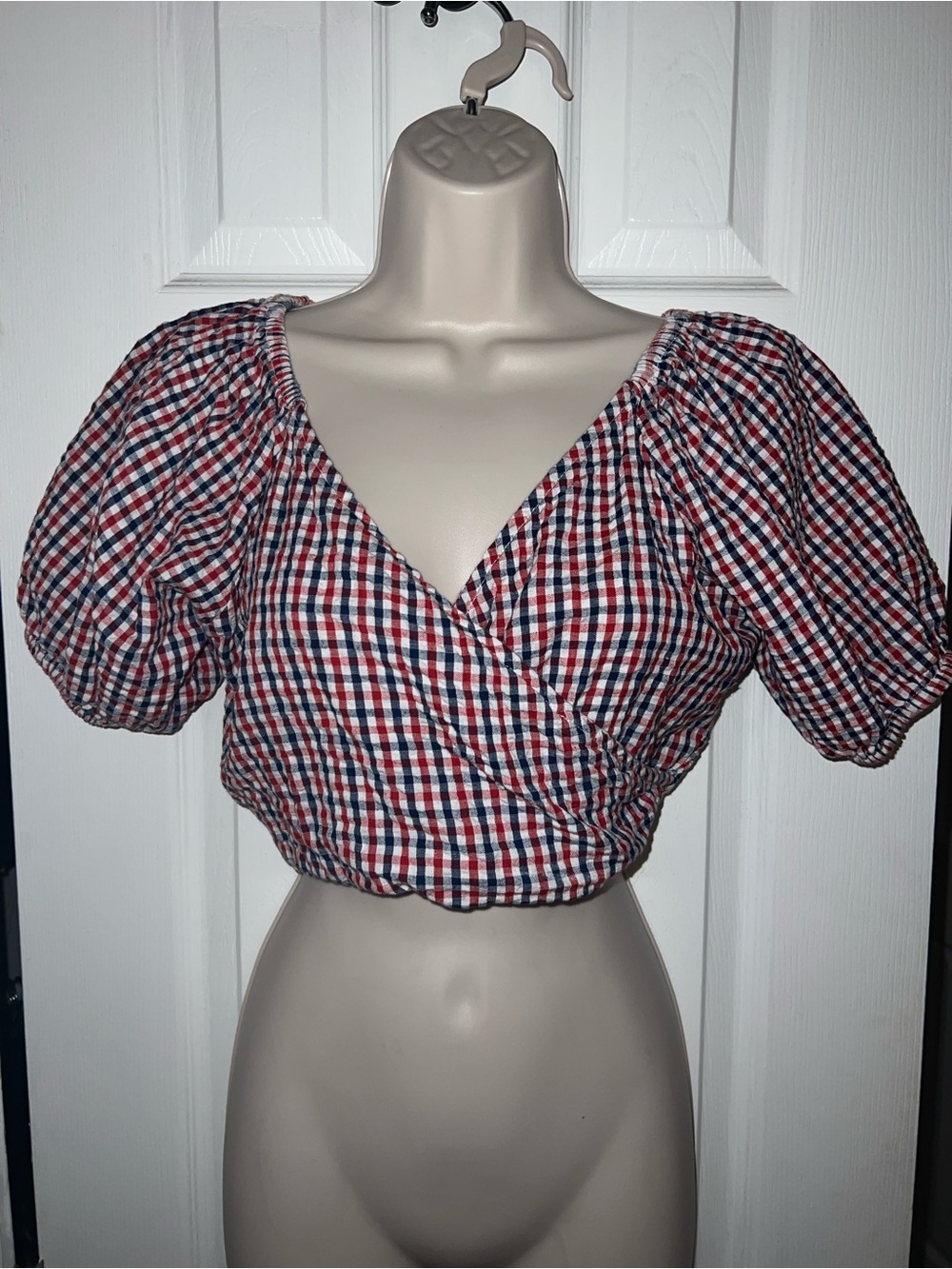 Checked Puff-Sleeve Crop Top - Red, White & Blue